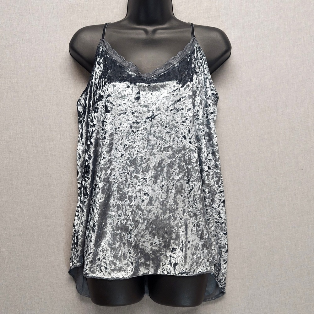 Y2K 3X Velvet Cami Lace Trim Dark Romantic Whimsigoth Festival Fairy Grunge Gray
